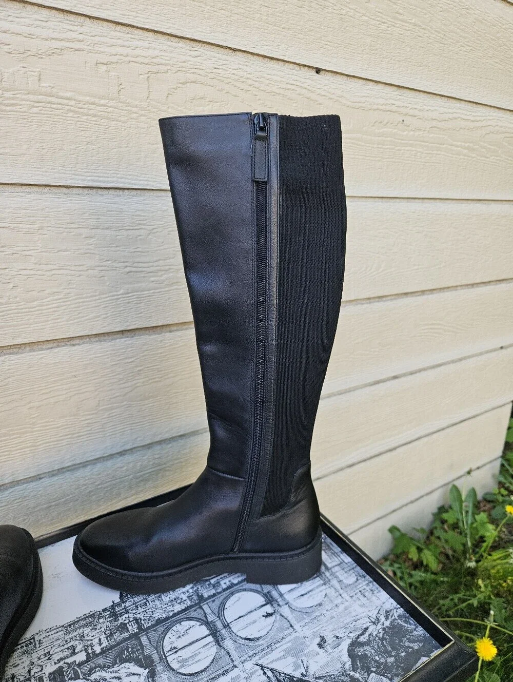 Andre Assous black leather and textile knee high Viva boots size 7.5